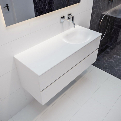 ENSEMBLE DE MEUBLE MONDIAZ VICA - 120cm - 2 tiroirs - lavabo Moon à droite - 0 trous de robinet - solid surface talc