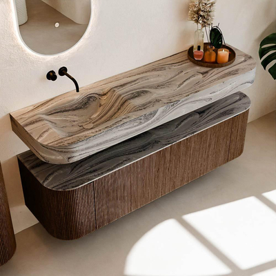 MONDIAZ THOR-DLUX 160cm meuble de salle de bains arrondi gauche + droite couleur Walnut avec 1 tiroir et 2 portes. Vasque suspendue CLOUD Gauche sans trou de robinet couleur Sombra.