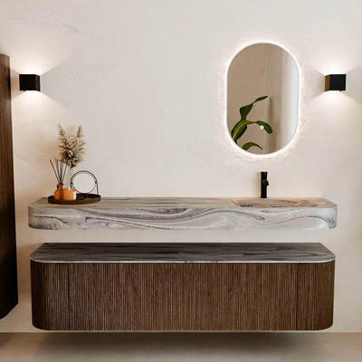 MONDIAZ THOR-DLUX 180cm meuble de salle de bains arrondi gauche + droite couleur Walnut avec 2 tiroirs et 2 portes. Vasque suspendue CLOUD Droite 1 trou de robinet couleur Sombra.