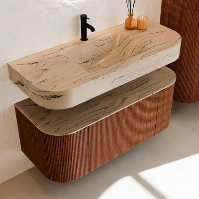 MONDIAZ THOR-DLUX Meuble de salle de bains 110cm arrondi gauche + droite couleur Ruby avec 1 tiroir et 2 portes. Vasque suspendue CLOUD Milieu 1 trou de robinet couleur Arena.