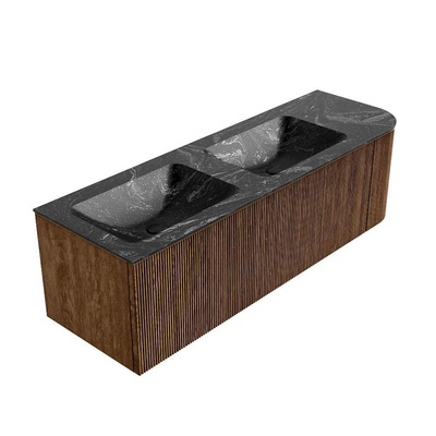 MONDIAZ KURVE-DLUX 145cm Meuble salle de bain avec module 25 D - couleur Walnut - 1 tiroir - 1 porte - vasque LEAF double / gauche - sans trou de robinet - couleur Lava