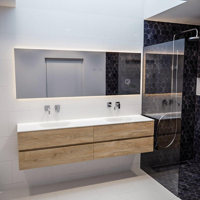 ENSEMBLE DE MEUBLE MONDIAZ VICA - 200 cm - 4 tiroirs - lavabo Moon double - 0 trous de robinet - solid surface chêne blanchi