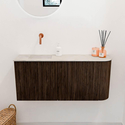 Mondiaz JOYA-DLUX 91.6cm toiletmeubel - ronding rechts kleur Walnut - Wastafel FAYE positie Links Zonder kraangat kleur Ostra.