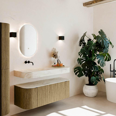 MONDIAZ THOR-DLUX 130cm meuble de salle de bains arrondi gauche + droite couleur Dusk avec 1 tiroir et 2 portes. Vasque suspendue CLOUD gauche sans trou de robinet couleur Ostra.