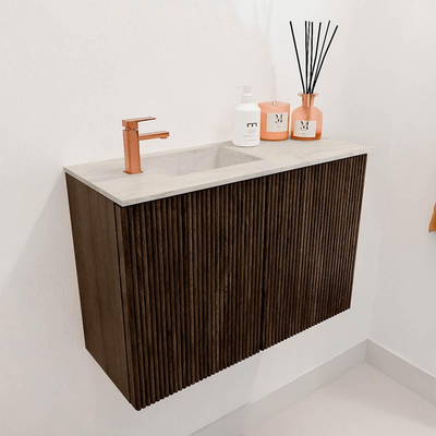 Mondiaz JOYA-DLUX 60cm toiletmeubel - kleur Walnut - Wastafel FAYE positie Links 1 kraangat kleur Ostra.