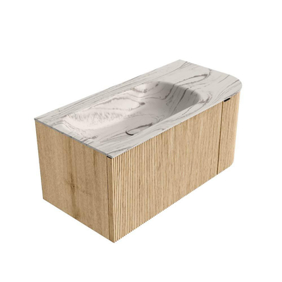 MONDIAZ KURVE-DLUX Meuble de salle de bains 95cm arrondi à droite couleur Chêne avec 1 tiroir et 1 porte. Lavabo BIG SMALL à gauche sans trou de robinet Nata.