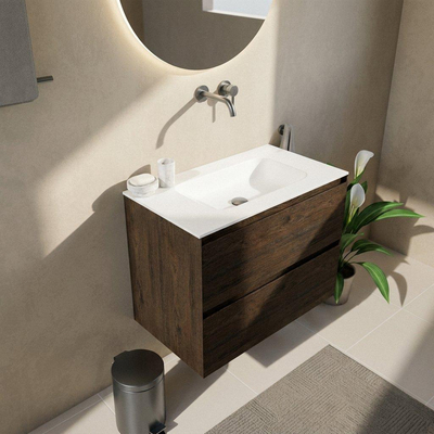 Saniclass Holz Pure Ensemble de meubles de salle de bains - 80x45x61.5cm - lavabo Flow en solid surface blanc - 1 vasque - sans trou de robinetterie - 2 tiroirs - chêne charcoal mat (bois)