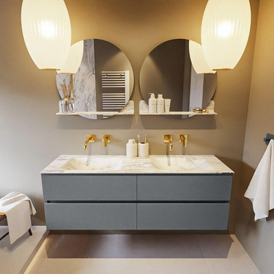 MONDIAZ VICA-DLUX Badkamermeubelset - 150cm - onderkast plata - 4 lades - inbouw wastafel cloud dubbel - zonder kraangaten - 60cm hoge versie - glace