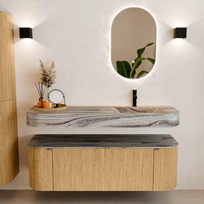 MONDIAZ THOR-DLUX 140cm badmeubel ronding links + rechts kleur Oak met 1 lade en 2 deuren. Vrijhangende wastafel CLOUD Rechts 1 kraangat kleur Sombra.