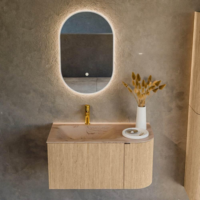 MONDIAZ KURVE-DLUX 85cm meuble de salle de bains arrondi droit couleur chêne avec 1 tiroir et 1 porte. Lavabo CLOUD gauche 1 trou de robinet Arena.
