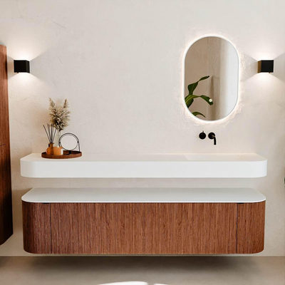 MONDIAZ THOR Meuble de salle de bains 190cm arrondi gauche + droite couleur Ruby avec 2 tiroirs et 2 portes. Vasque suspendue CLOUD Droite sans trou de robinet couleur Talc.