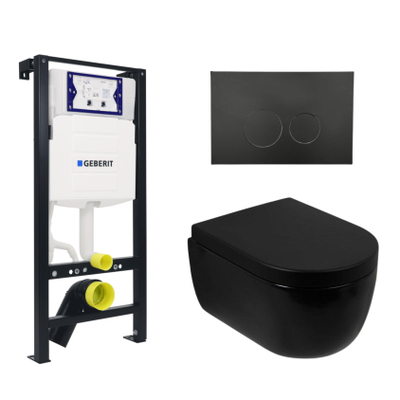 Plieger Kansas Ensemble WC - réservoir encastré UP320 - WC suspendu - compact - abattant - softclose - plaque de commande noire mate - boutons ronds - noir mat