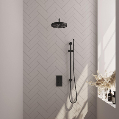 BRAUER Stripe Thermostatische Inbouw Regendouche - 3-weg - rechthoekig - SET 20 - 25cm douchekop - gebogen muurarm - staaf handdouche - doucheslang - geïntegreerde glijstang - mat zwart