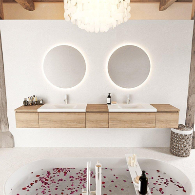 Mondiaz bukla ensemble de meubles de bain 280x45x34cm 2 robinets 2 lavabos surface solide talc sans poignée 5 tiroirs avec softclose mélamine chêne lavé