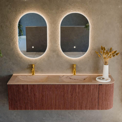 MONDIAZ KURVE-DLUX Meuble de salle de bains 155cm arrondi à droite couleur Ruby avec 2 tiroirs et 1 porte. Lavabo LEAF Double / Orifices de robinet gauche 2 Arena.