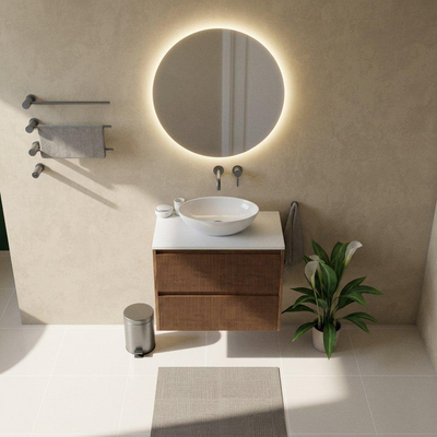 Saniclass Holz Atelier Ensemble de meubles de salle de bains - 80x45x62.5cm - plan de toilette Torino en solid surface blanc - sans trou de robinet - 2 tiroirs - walnut pure mat (bois)