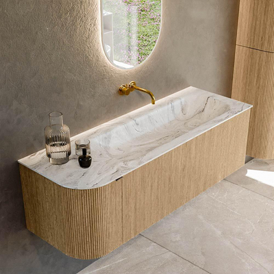 MONDIAZ KURVE-DLUX Meuble de salle de bains 135cm avec module 25 L couleur Chêne avec 1 tiroir et 1 porte. Lavabo BIG MEDIUM à droite sans trou de robinet couleur Glace.