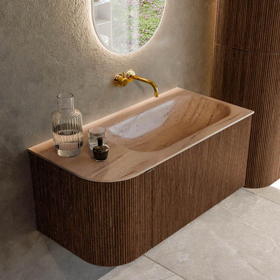 MONDIAZ KURVE-DLUX 95cm badmeubel ronding Links kleur Walnut met 1 lade en 1 deur. Wastafel BIG SMALL Rechts zonder kraangat Saba.