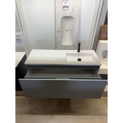HR Badmeubelen Matrix XL wastafelkast 3D-front wave horizontaal-1 lade greeploos met binnenlade - 120 x 45 x 45 cm - petrol mat inclusief thin wastafel (licht beschadigd)OUTLETSTORE