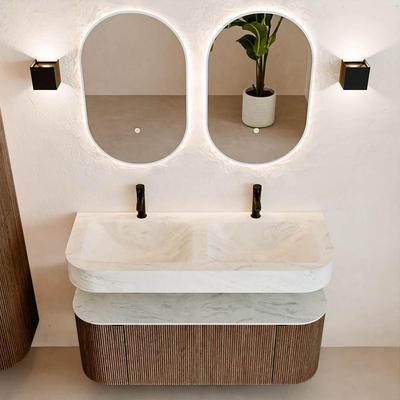MONDIAZ THOR-DLUX 120cm badmeubel ronding links + rechts kleur Walnut met 1 lade en 2 deuren. Vrijhangende wastafel CLOUD Dubbel 2 kraangaten kleur Opalo.