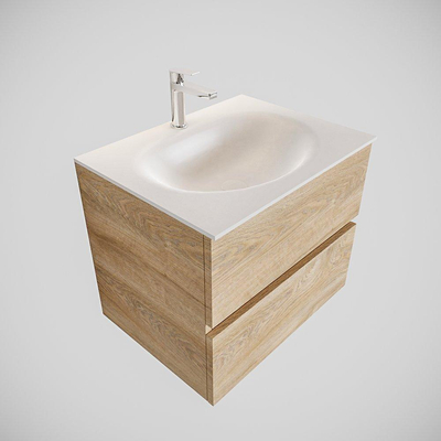 MONDIAZ VICA Ensemble de meuble salle de bain - 60cm - 2 tiroirs - lavabo Moon central - 1 trou de robinet - solid surface chêne blanchi