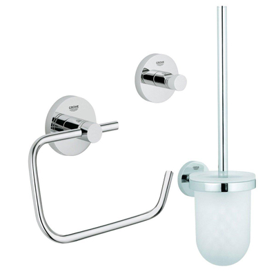 Grohe Essentials Set WC en 3 parties avec porte-brosse WC, crochet, et porte-rouleau sans couvercle Chrome