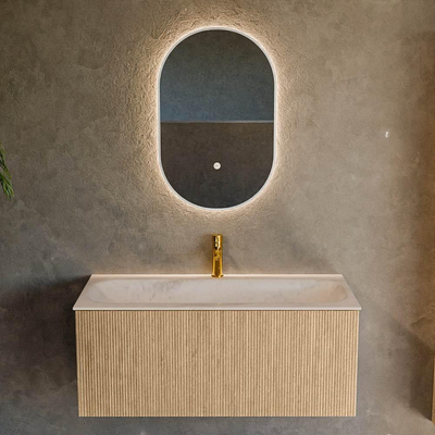 MONDIAZ KURVE-DLUX Meuble de salle de bains 100cm couleur Oak avec 1 tiroir et 0 portes. Lavabo BIG MEDIUM Central 1 trou de robinet Meli.