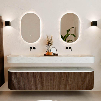 MONDIAZ THOR-DLUX Meuble de salle de bains - 190cm - arrondi gauche + droite - couleur Walnut - 2 tiroirs et 2 portes - Vasque suspendue CLOUD Double sans trou de robinet - couleur Opalo