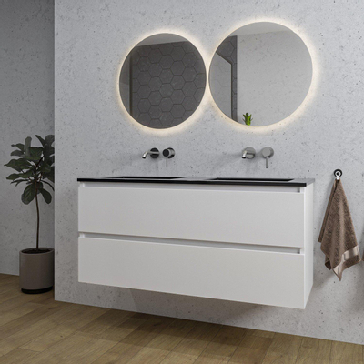 Saniclass Chaci Meuble de salle de bain - 120x45x55cm - lavabo en céramique noir mat - 2 vasques - sans trou de robinet - 2 tiroirs - blanc mat
