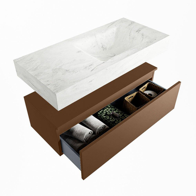 Mondiaz ALAN-DLUX Ensemble de meuble - 100cm - meuble Rust mat - 1 tiroir - Lavabo Cloud Opalo suspendu - vasque Droite - 0 trous de robinet