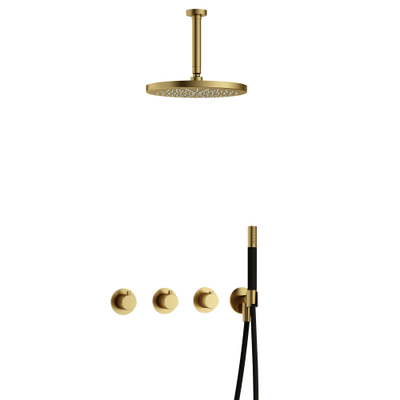 Hotbath Cobber IBS70 Regendoucheset - inbouw - 15cm plafondarm - 30cm ronde hoofddouche - staafhanddouche - PVD - geborsteld messing (goud)