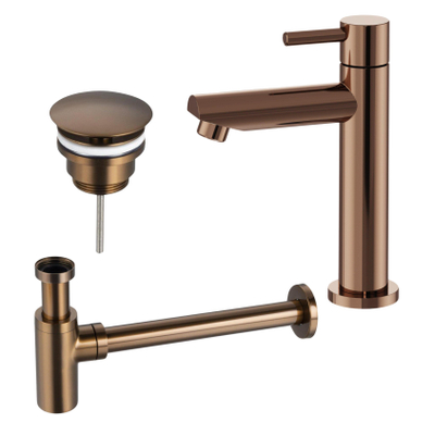 FugaFlow Eccelente Ensemble robinetterie de fontaine en fonte avec robinet de fontaine sur pied bas, bouchon toujours ouvert et siphon design PVD Cuivre brossé PVD (Cuivre)