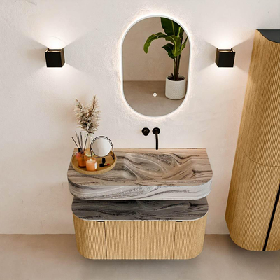 MONDIAZ THOR-DLUX 100cm badmeubel ronding links + rechts kleur Oak met 1 lade en 2 deuren. Vrijhangende wastafel CLOUD Rechts zonder kraangat kleur Sombra.