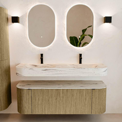 MONDIAZ THOR-DLUX 140cm badmeubel ronding links + rechts kleur Dusk met 1 lade en 2 deuren. Vrijhangende wastafel CLOUD Dubbel 2 kraangaten kleur Nata.