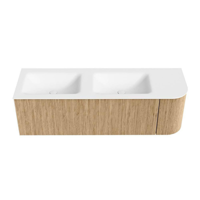 MONDIAZ KURVE 145cm Meuble salle de bain avec module 25 D - couleur Oak - 1 tiroir - 1 porte - vasque CLOUD double / gauche - sans trous de robinet - Talc