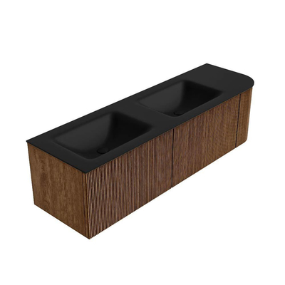 MONDIAZ KURVE 155cm Meuble salle de bain avec module 25 D - couleur Walnut - 2 tiroirs - 1 porte - vasque CLOUD double / gauche - 2 trous de robinet - Urban