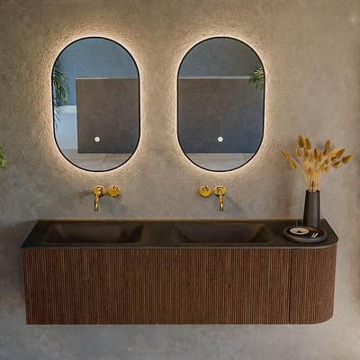 MONDIAZ KURVE Meuble de salle de bains 155 cm avec module 25 R couleur Walnut avec 2 tiroirs et 1 porte. Lavabo CLOUD double / gauche sans trou de robinet Urban.