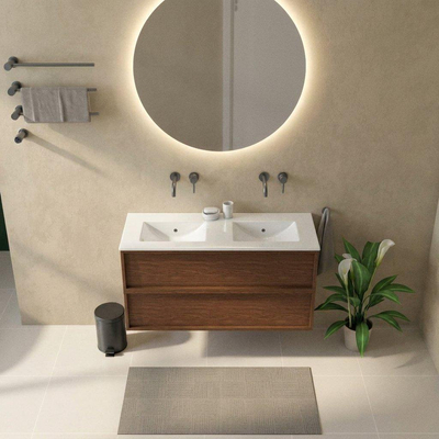 Saniclass Holz Frame Ensemble meuble de salle de bains - 120x45x62cm - Vygo lavabo en céramique blanc - 2 vasques - sans trous de robinetterie - 2 tiroirs - walnut pure mat (bois)