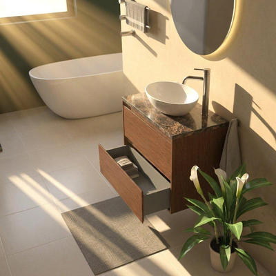 Saniclass Holz Pure Ensemble meuble de salle de bains - 80x45x63cm - Plan de travail en pierre naturelle Noche dark emperador - 1 trou de robinet - 2 tiroirs - noyer pure mat (bois)
