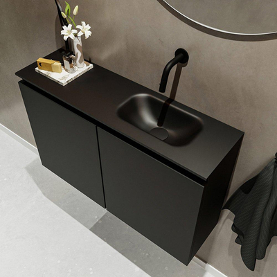 MONDIAZ TURE Fonteinset - 80x23x50cm - 0 kraangaten - 2 deuren - urban mat - Wasbak rechts - Solid Surface Zwart
