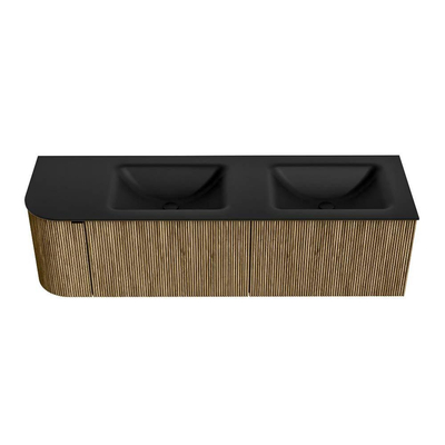 Mondiaz KURVE Ensemble de meuble de salle de bains - 155x46x40cm - 2 tiroirs - 1 porte - vasque solid surface - double / droite - 2 trous de robinet - Dusk
