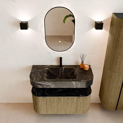 MONDIAZ THOR-DLUX 100cm meuble de salle de bains arrondi gauche + droite couleur Dusk avec 1 tiroir et 2 portes. Vasque suspendue CLOUD Milieu 1 trou de robinet couleur Lava.