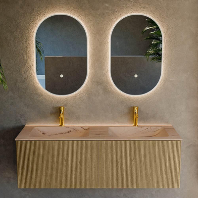 MONDIAZ KURVE-DLUX Meuble de salle de bains 130cm couleur Dusk avec 2 tiroirs et 0 porte. Lavabo LEAF Double 2 trous de robinet Arena.
