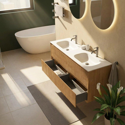 Saniclass Holz Atelier Ensemble de meubles de salle de bains - 140x45x61.5cm - lavabo Flow en solid surface blanc - 2 vasques - 2 trous de robinet - 4 tiroirs - chêne natural mat (bois)