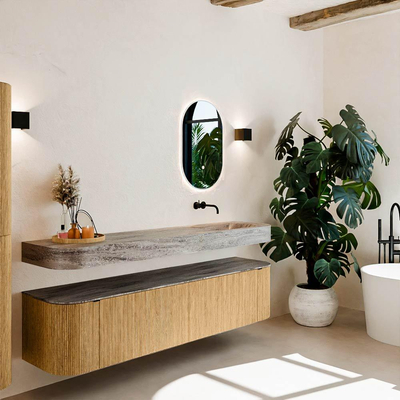 MONDIAZ THOR-DLUX 190cm badmeubel ronding links + rechts kleur Oak met 2 lades en 2 deuren. Vrijhangende wastafel CLOUD Rechts zonder kraangat kleur Oza.