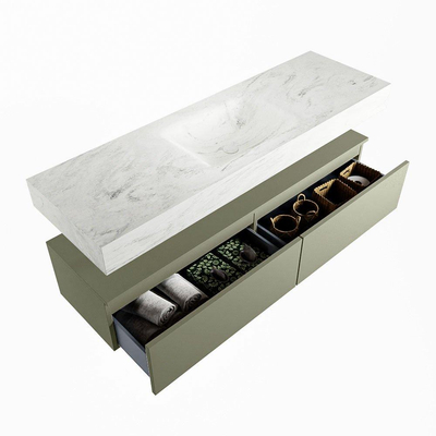 Mondiaz ALAN-DLUX Ensemble de meuble - 150cm - meuble Army mat - 2 tiroirs - Lavabo Cloud Opalo suspendu - vasque Centre - 1 trou de robinet