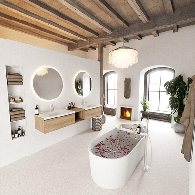 MONDIAZ BUKLA 200cm ensemble de meuble avec module ouvert 40 couleur Chêne blanchi avec 2 tiroirs. Lavabo CLOUD double 2 trous de robinet couleur Talc.