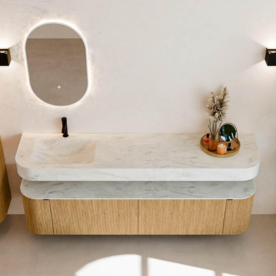 MONDIAZ THOR-DLUX 190cm badmeubel ronding links + rechts kleur Oak met 2 lades en 2 deuren. Vrijhangende wastafel CLOUD Links 1 kraangat kleur Opalo.