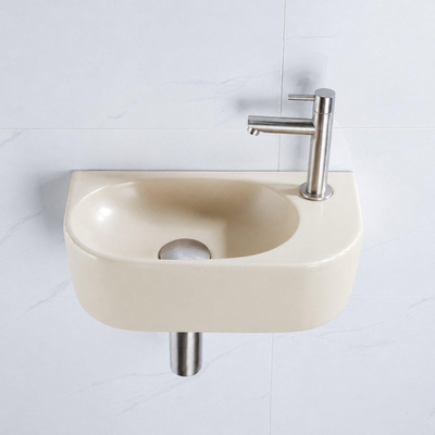 QeramiQ Fuente fonteinset – halfrond – 40x21.5x12 cm – keramiek beige – kraangat rechts – kraan geborsteld RVS