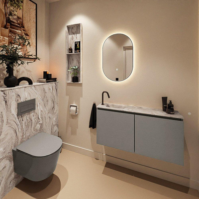 MONDIAZ TURE-DLUX Meuble toilette - 100cm - Smoke - EDEN - vasque Glace - position gauche - 1 trou de robinet
